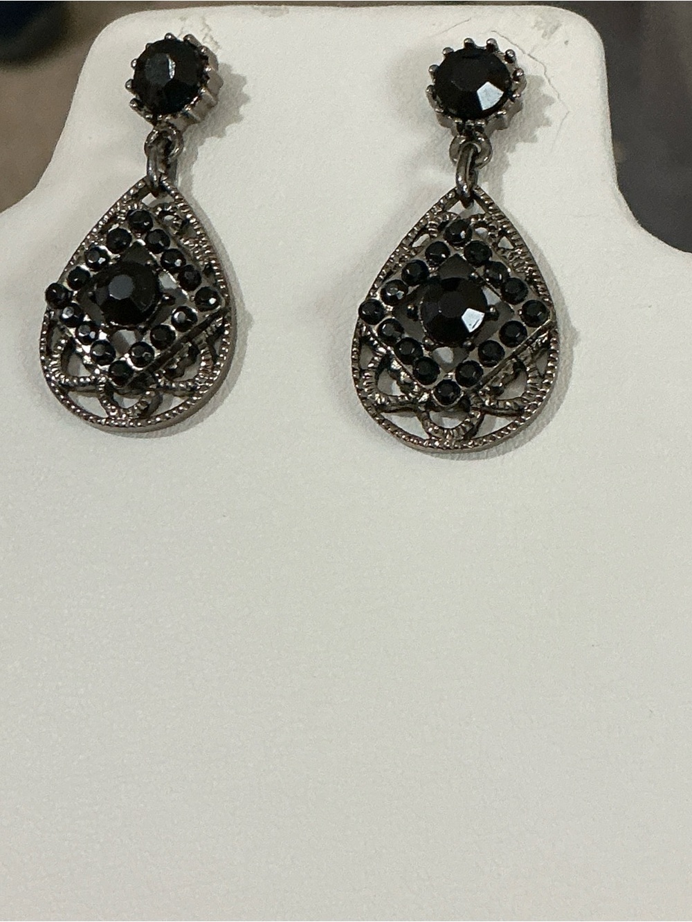 Mariell Jet Black Crystal Teardrop Dangle Earrings Gray Tone Metal Post Closure